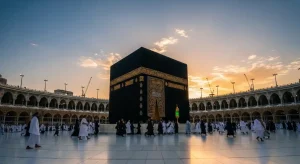 The Holy Kaaba in Makkah at dawn with pilgrims performing Tawaf, marking the opening of Umrah 1448H bookings and visa issuance for 2026.